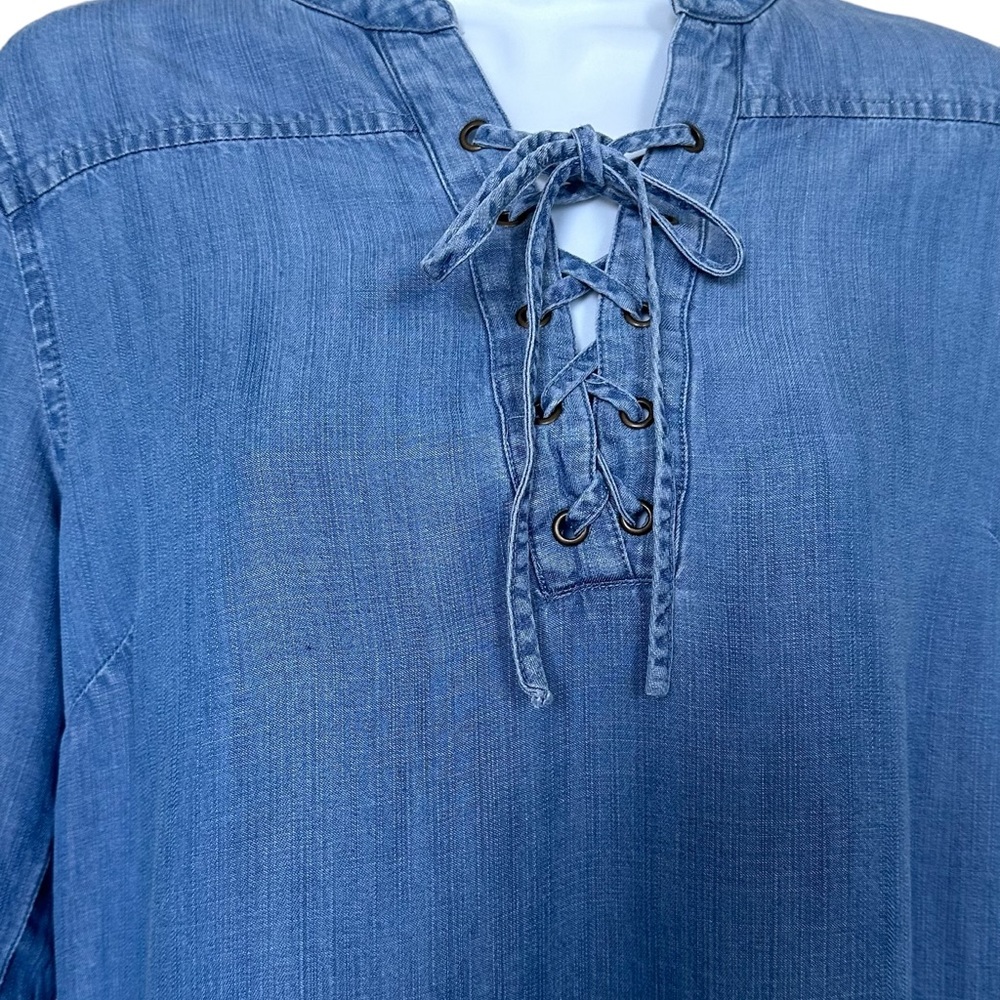 Philosophy Women’s Sz S Blue Light Wash Lace Up Denim Dress Pockets - Picture 3 of 6
